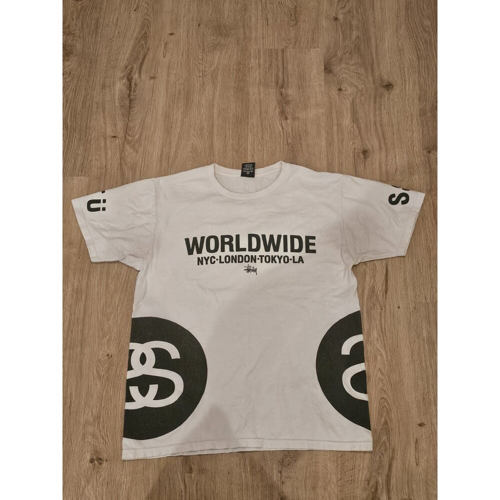 Vintage 00s Stussy AOP Big Logo Hype tee Skate OG rare Tokyo NYC Medium White